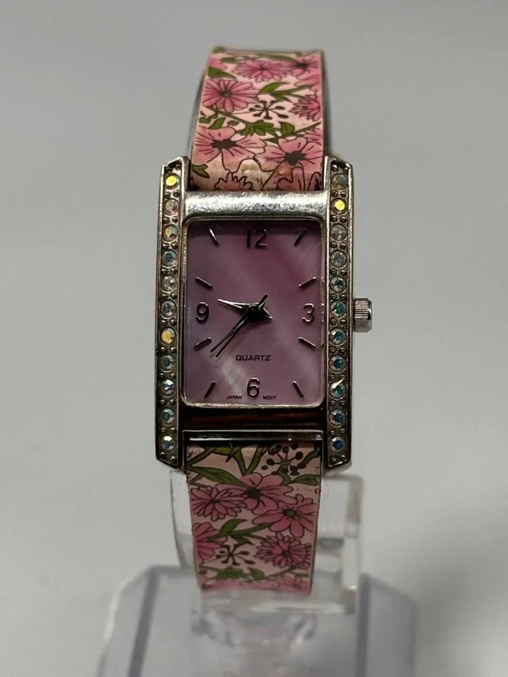 3/$30 Women Watch Silver Pink Mother of Pearl Dial Floral Leather Band Works